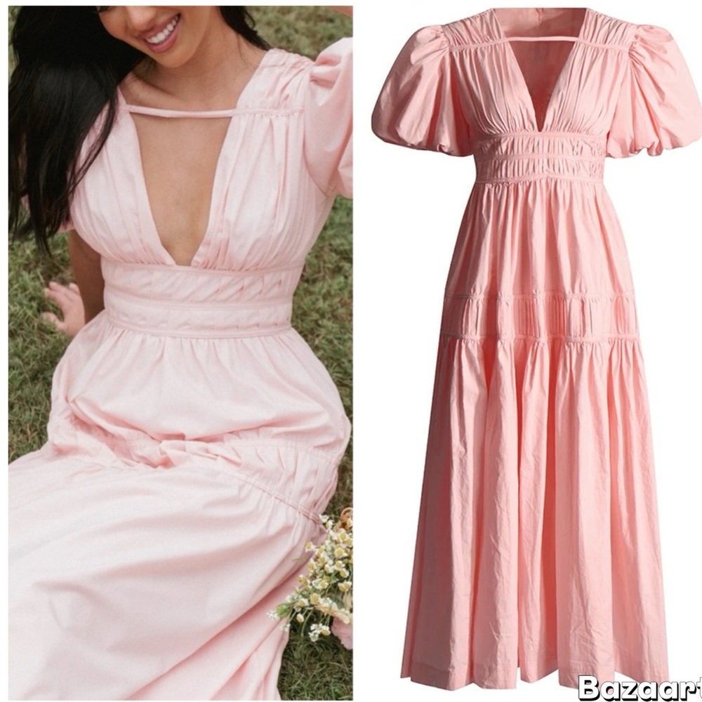 Petal & Pup Joedy Puff Sleeve Midi Dress- Pale Pink XS